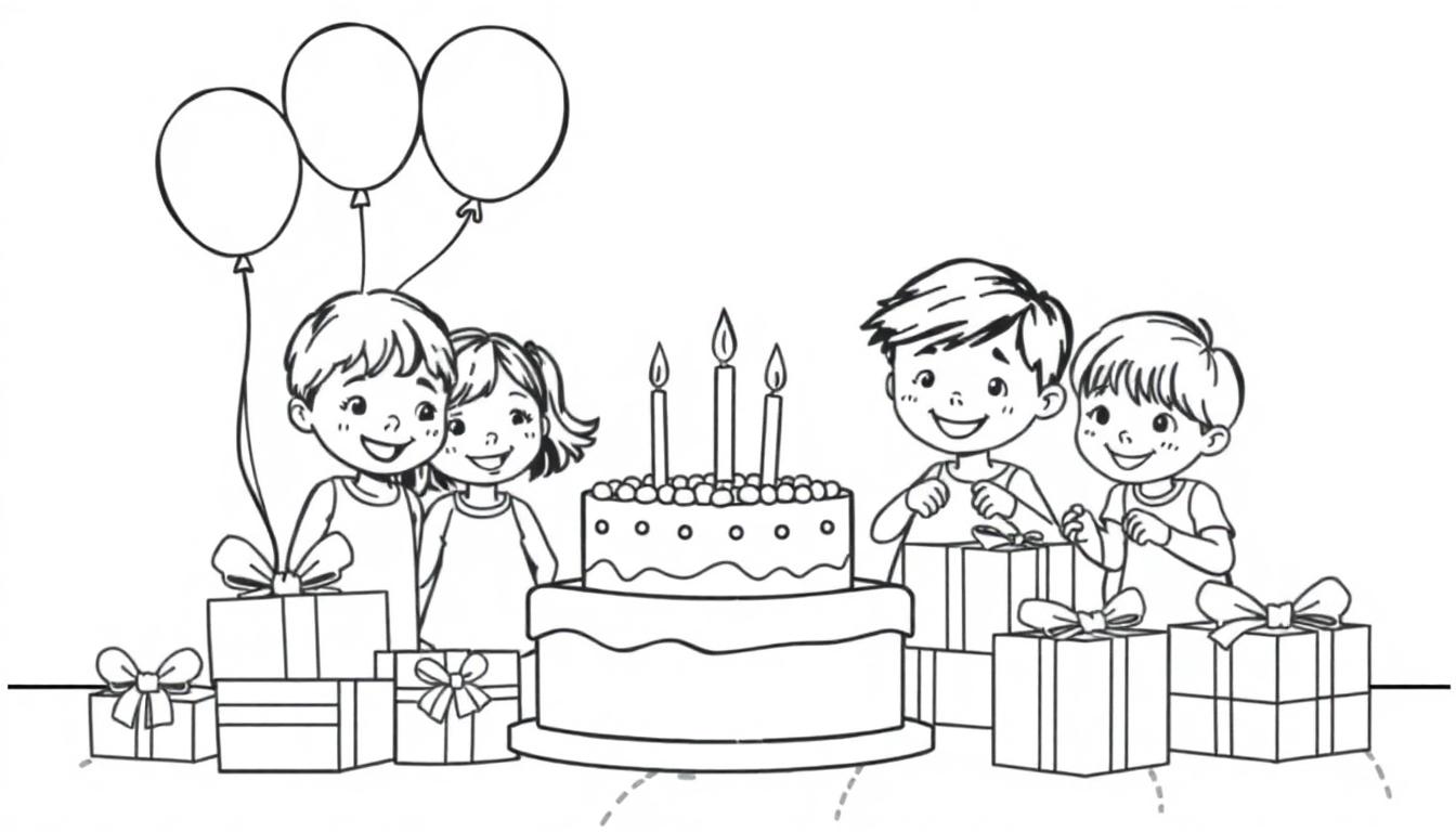 Schwarz-weiße Umrisszeichnung eines fröhlichen Kindergeburtstags mit Kuchen, Ballons und Geschenken. Eine Farbtafel zum Ausmalen.
