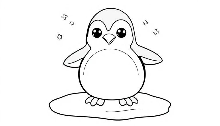 Eine schwarz-weiße Farbtafel-Illustration eines niedlichen Cartoon-Pinguins auf einer Eisscholle mit Schneeflockensymbolen.