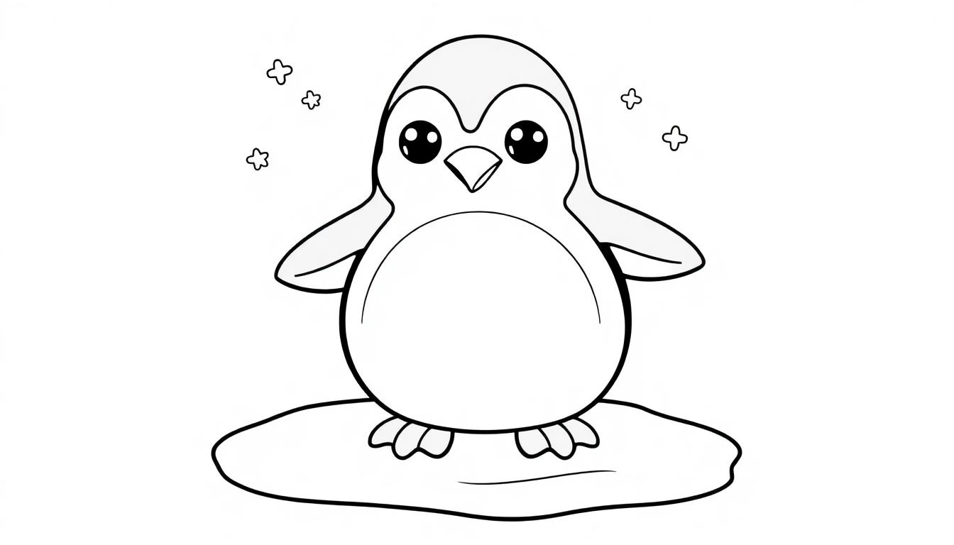 Eine schwarz-weiße Farbtafel-Illustration eines niedlichen Cartoon-Pinguins auf einer Eisscholle mit Schneeflockensymbolen.