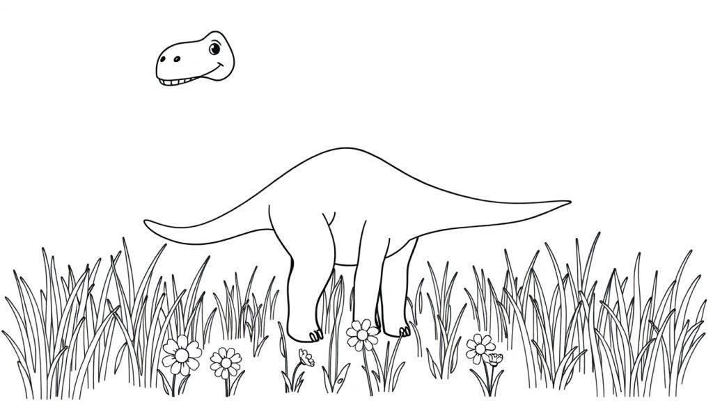 Schwarz-weiß-Farbtafel eines freundlichen Diplodocus, der friedlich im Gras mit Blumen steht.