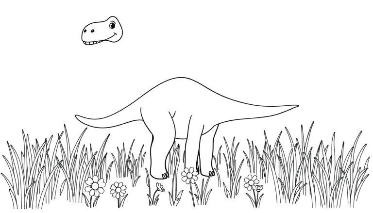 Schwarz-weiß-Farbtafel eines freundlichen Diplodocus, der friedlich im Gras mit Blumen steht.
