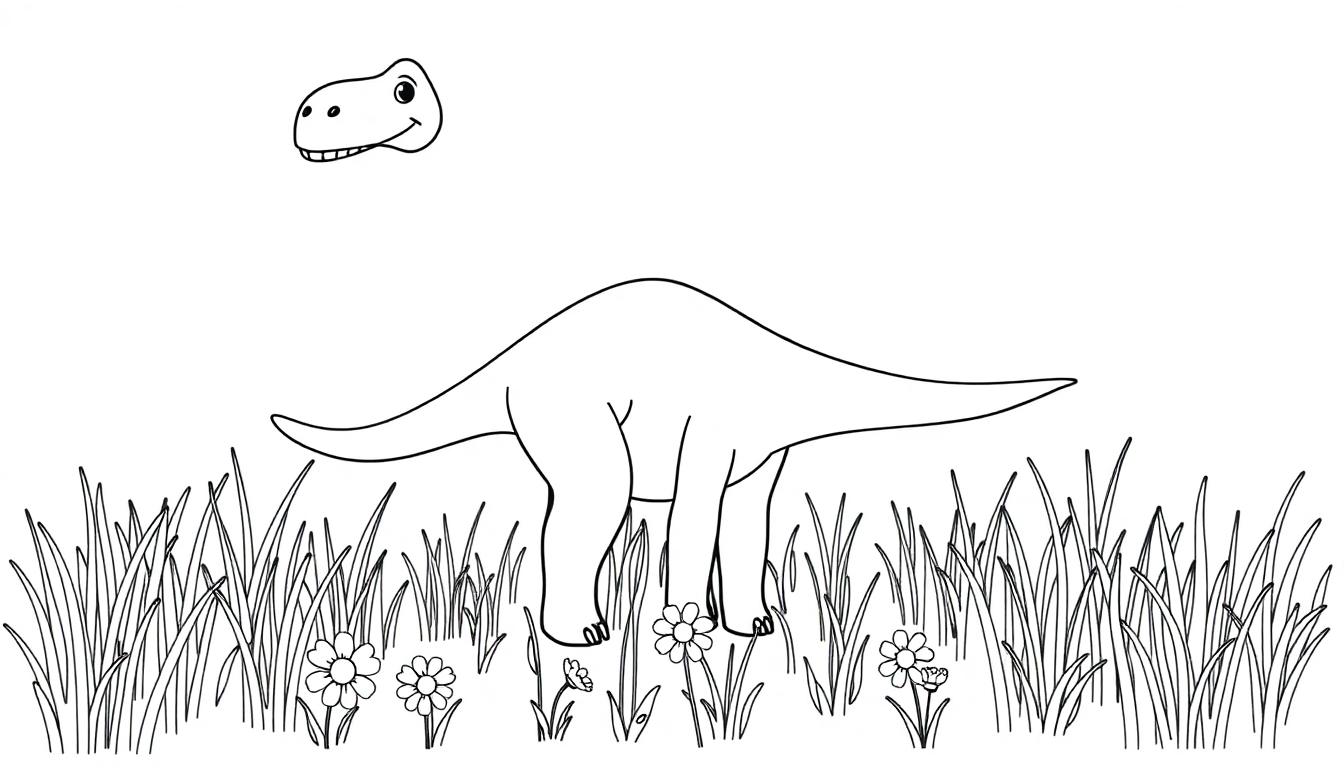 Schwarz-weiß-Farbtafel eines freundlichen Diplodocus, der friedlich im Gras mit Blumen steht.