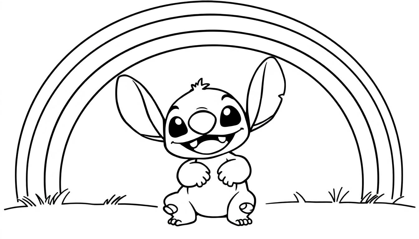 Schwarzweiß-Farbtafel von Stitch, der mit einem bunten Regenbogen spielt, mit viel Platz zum Ausmalen.