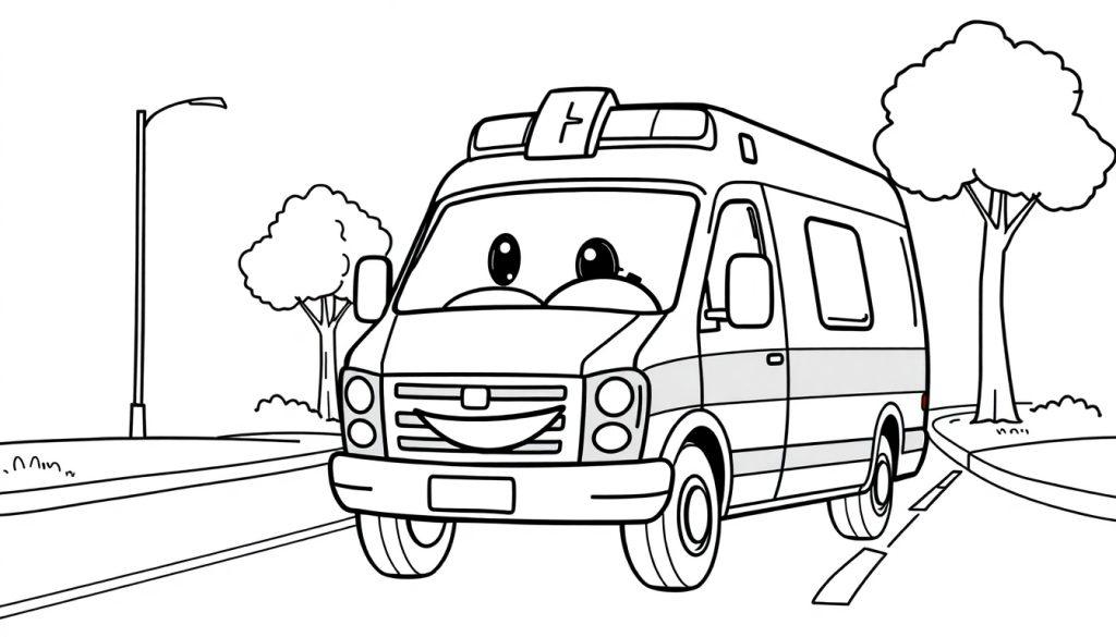 Ein freundlicher Cartoon-Krankenwagen mit großen Augen und einem lächelnden Kühlergrill auf einer Straße, bereit zum Ausmalen als Farbtafel.