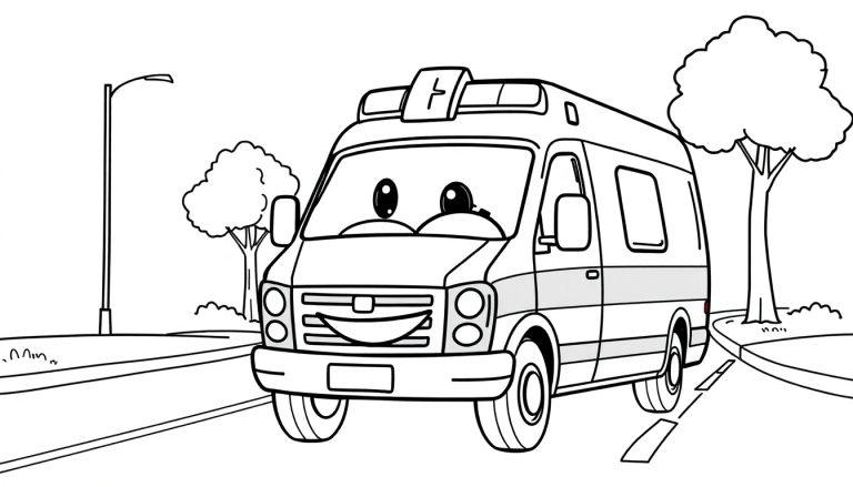 Ein freundlicher Cartoon-Krankenwagen mit großen Augen und einem lächelnden Kühlergrill auf einer Straße, bereit zum Ausmalen als Farbtafel.