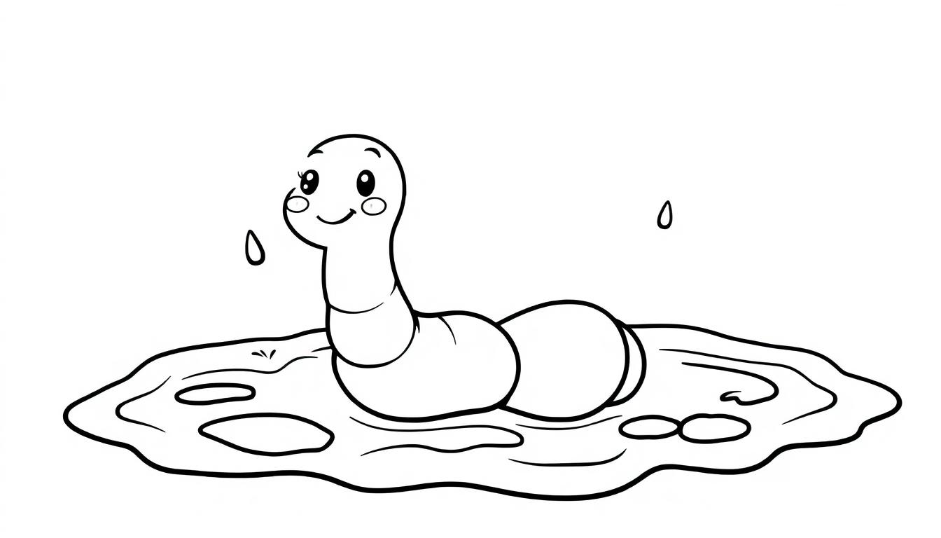 Ein niedlicher Cartoon-Regenwurm in einer Pfütze, bereit zum Ausmalen.