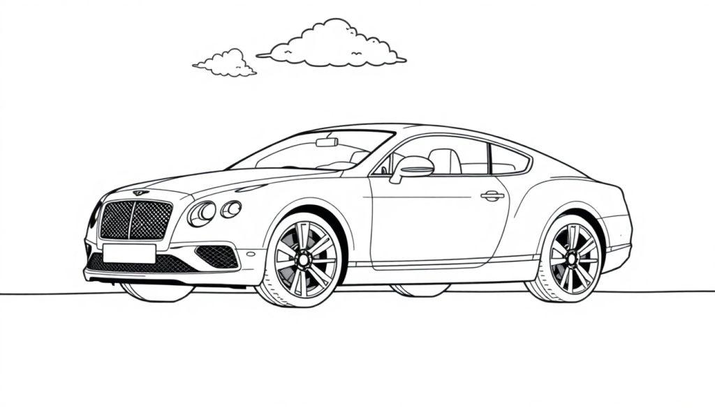 Schwarz-weiße Farbtafel eines Bentley Continental GT Coupé mit Wolken am Himmel.