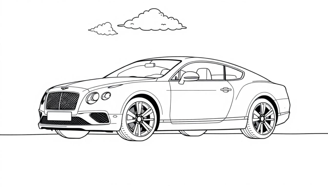 Schwarz-weiße Farbtafel eines Bentley Continental GT Coupé mit Wolken am Himmel.