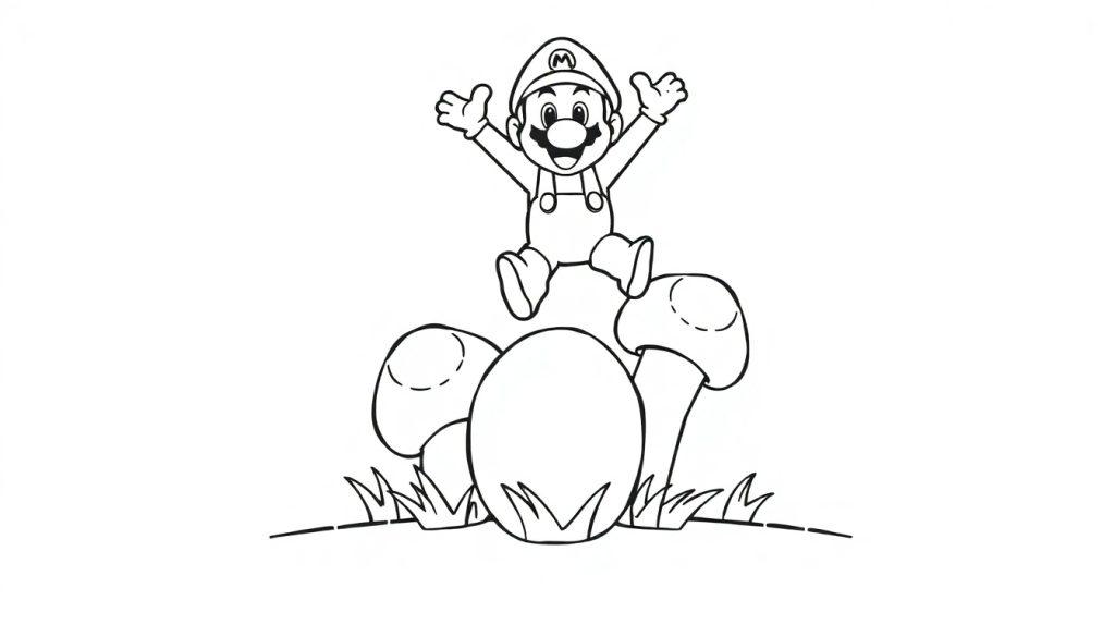 Mario springt über Pilze auf dieser Schwarz-Weiß-Farbtafel für Kinder.
