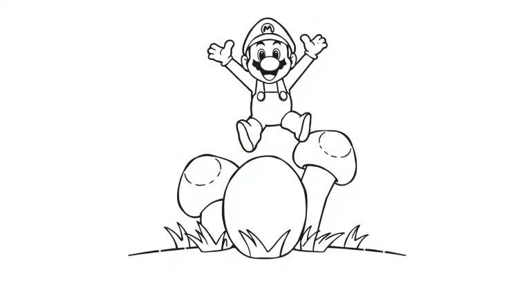 Mario springt über Pilze auf dieser Schwarz-Weiß-Farbtafel für Kinder.