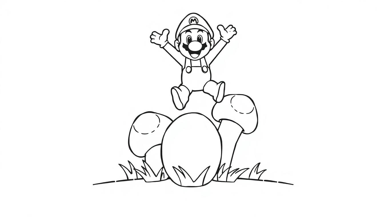 Mario springt über Pilze auf dieser Schwarz-Weiß-Farbtafel für Kinder.