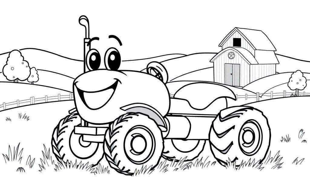 Fröhlicher lachender Traktor auf dem Bauernhof, bereit zum Ausmalen. Schwarz-Weiß-Farbtafel-Illustration.