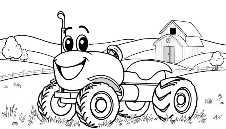 Fröhlicher lachender Traktor auf dem Bauernhof, bereit zum Ausmalen. Schwarz-Weiß-Farbtafel-Illustration.