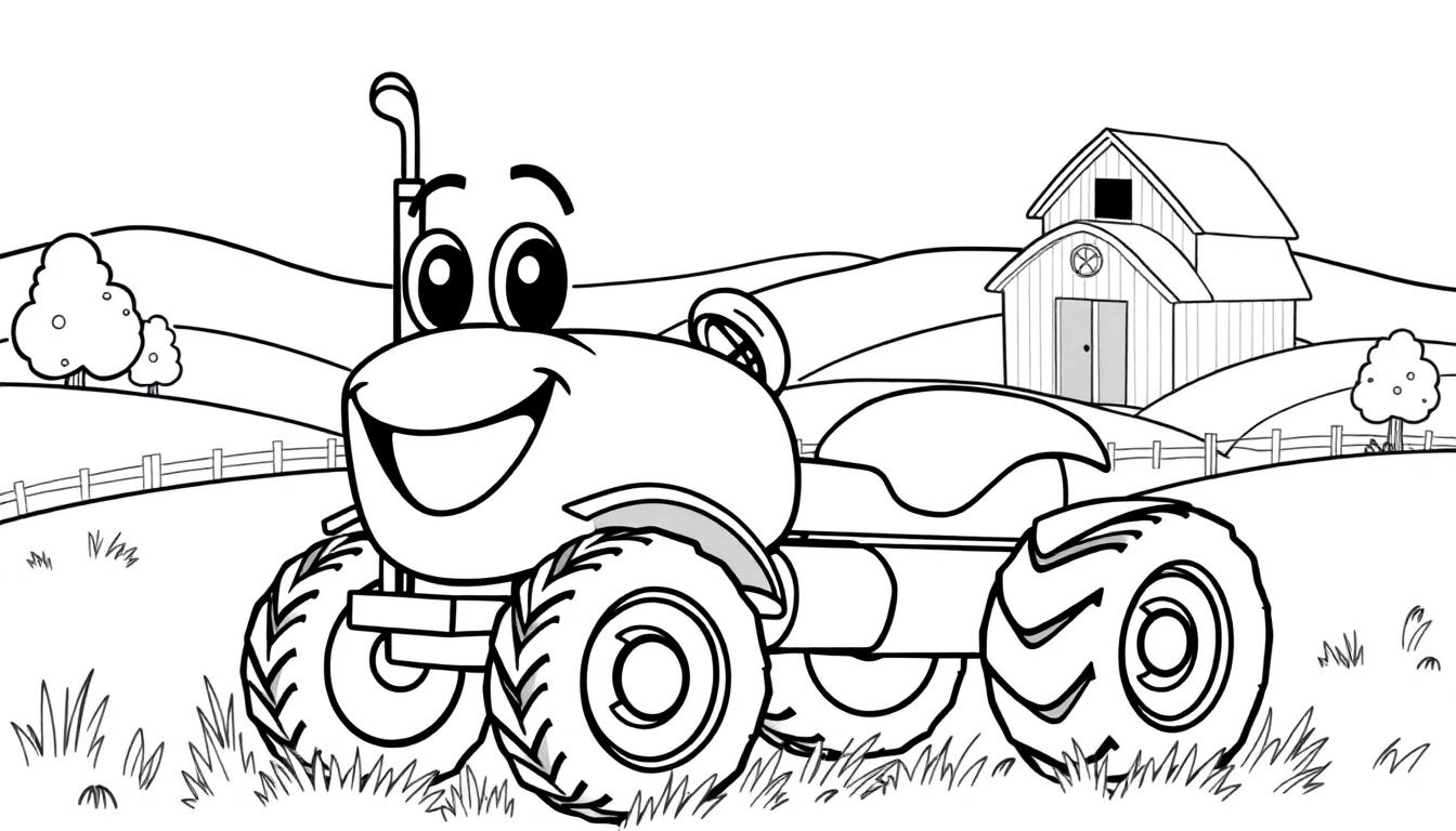 Fröhlicher lachender Traktor auf dem Bauernhof, bereit zum Ausmalen. Schwarz-Weiß-Farbtafel-Illustration.