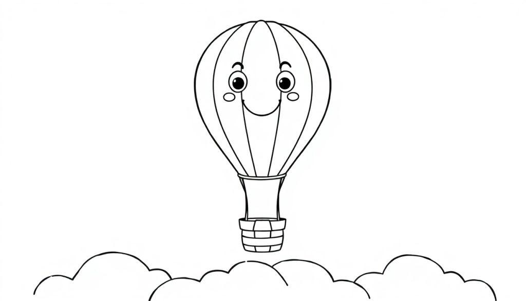 Ein lächelnder schwarz-weißer Heißluftballon mit einem Korb, der über Wolken schwebt, als Farbtafel für Kinder.