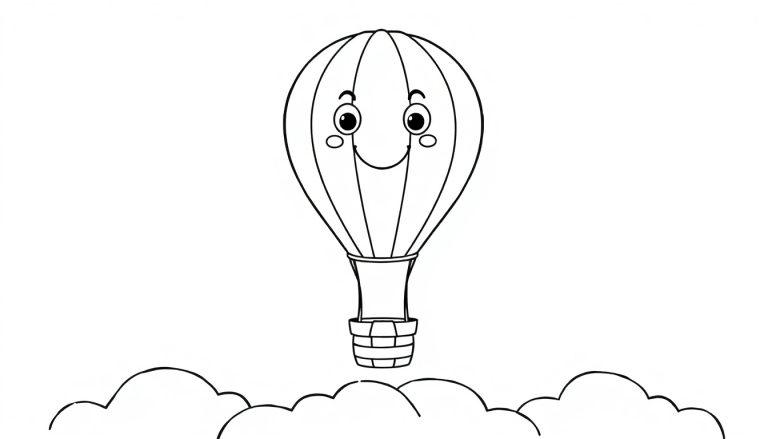 Ein lächelnder schwarz-weißer Heißluftballon mit einem Korb, der über Wolken schwebt, als Farbtafel für Kinder.