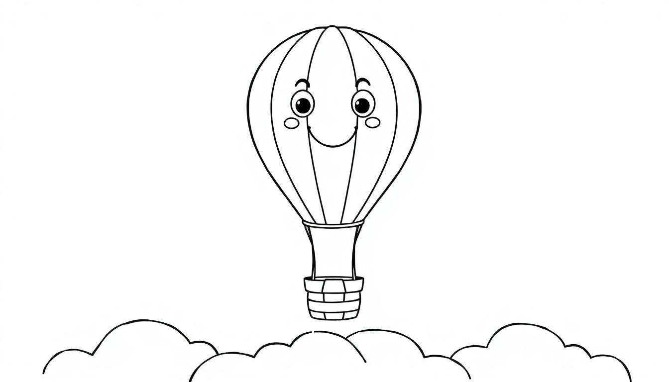 Ein lächelnder schwarz-weißer Heißluftballon mit einem Korb, der über Wolken schwebt, als Farbtafel für Kinder.