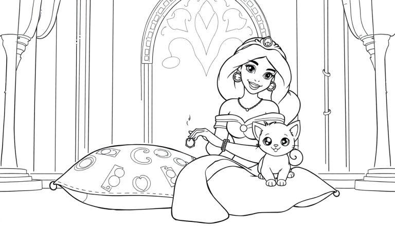 Prinzessin Jasmin als Malvorlage mit ihrem Kätzchen und einem Ring.