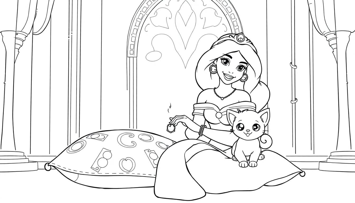 Prinzessin Jasmin als Malvorlage mit ihrem Kätzchen und einem Ring.