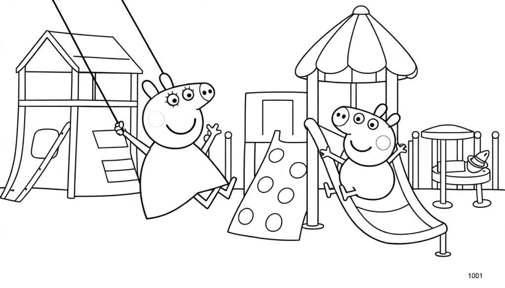 Peppa Pig und George auf dem Spielplatz, eine Schwarz-Weiß-Farbtafel zum Ausmalen.
