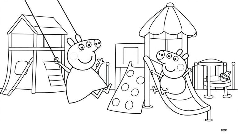 Peppa Pig und George auf dem Spielplatz, eine Schwarz-Weiß-Farbtafel zum Ausmalen.
