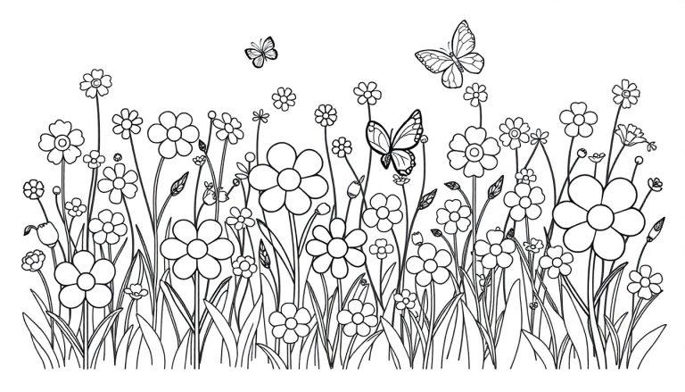 Farbtafel einer Schwarz-Weiß-Blumenwiese mit Schmetterlingen für Kinder.