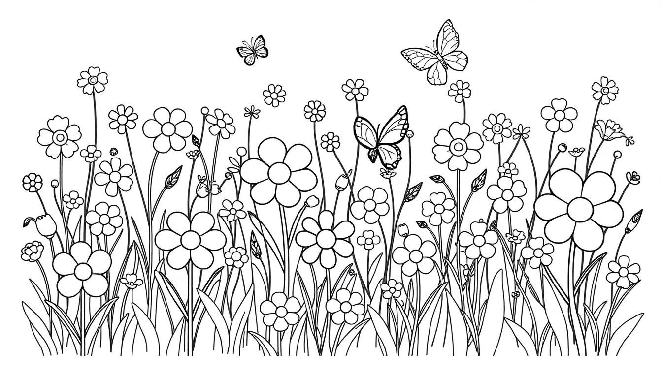 Farbtafel einer Schwarz-Weiß-Blumenwiese mit Schmetterlingen für Kinder.