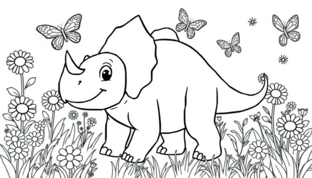 Schwarz-Weiß-Farbtafel eines freundlichen Cartoon-Triceratops im Blumenfeld.