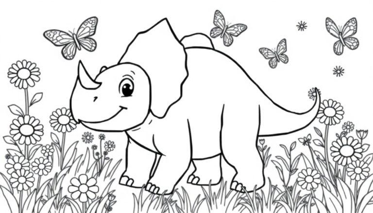 Schwarz-Weiß-Farbtafel eines freundlichen Cartoon-Triceratops im Blumenfeld.