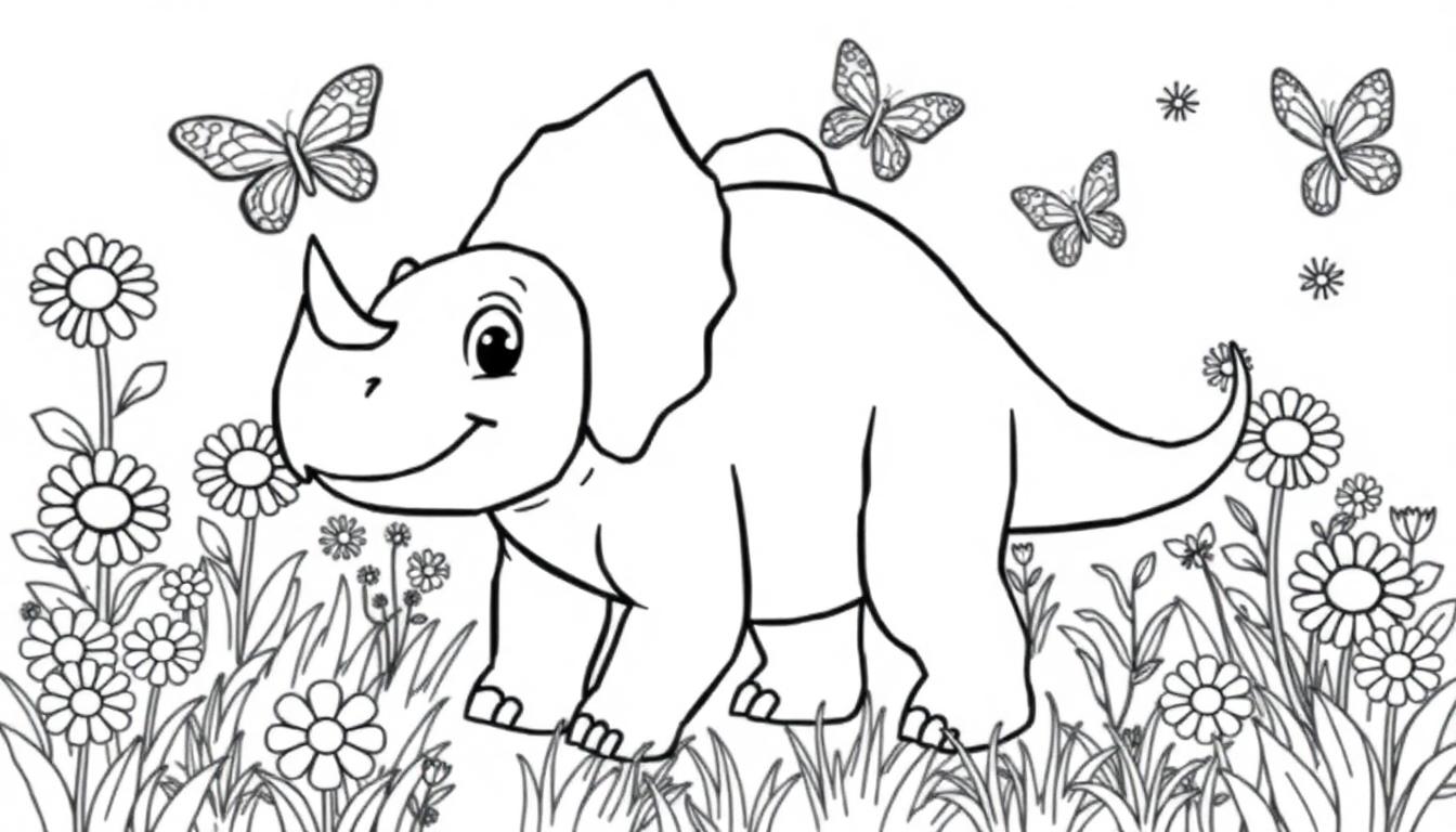 Schwarz-Weiß-Farbtafel eines freundlichen Cartoon-Triceratops im Blumenfeld.