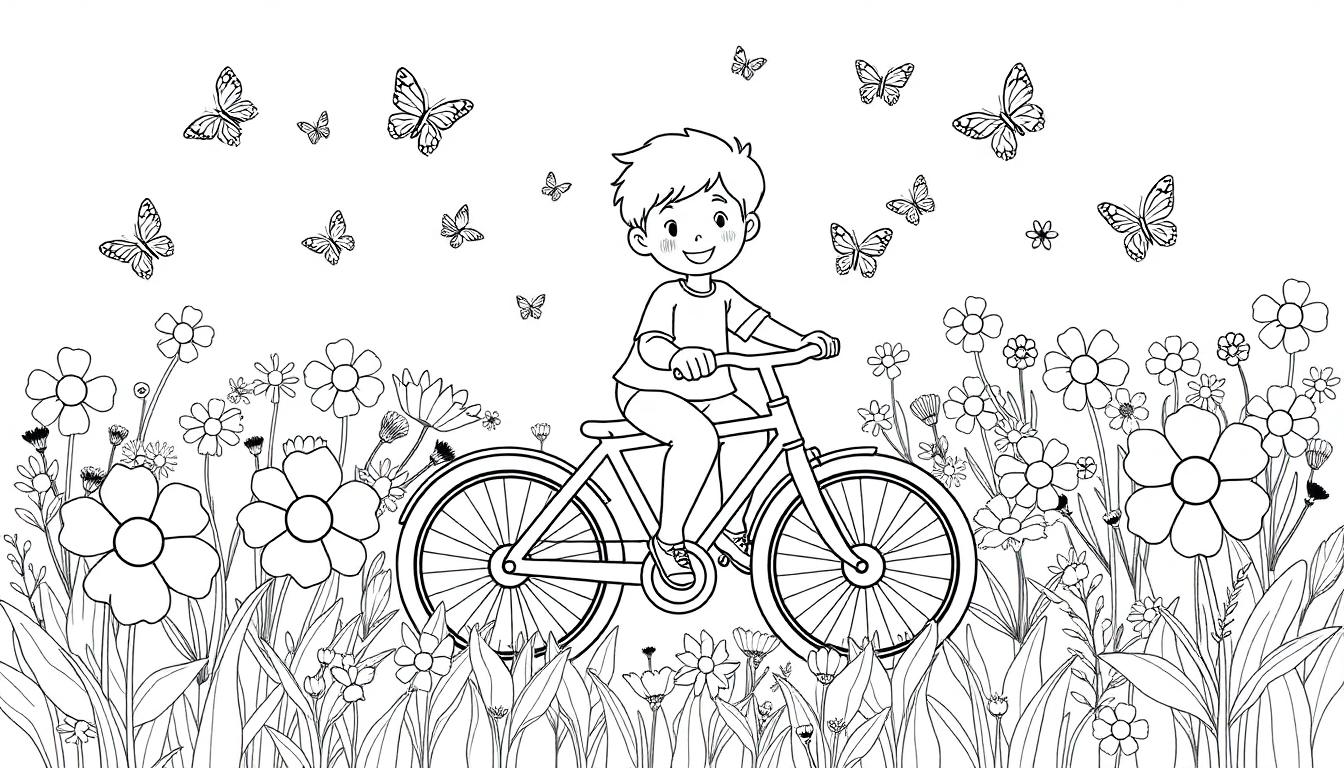 Eine schwarz-weiße Farbtafel-Illustration eines lächelnden Jungen auf einem Fahrrad in einer Blumenwiese mit flatternden Schmetterlingen.