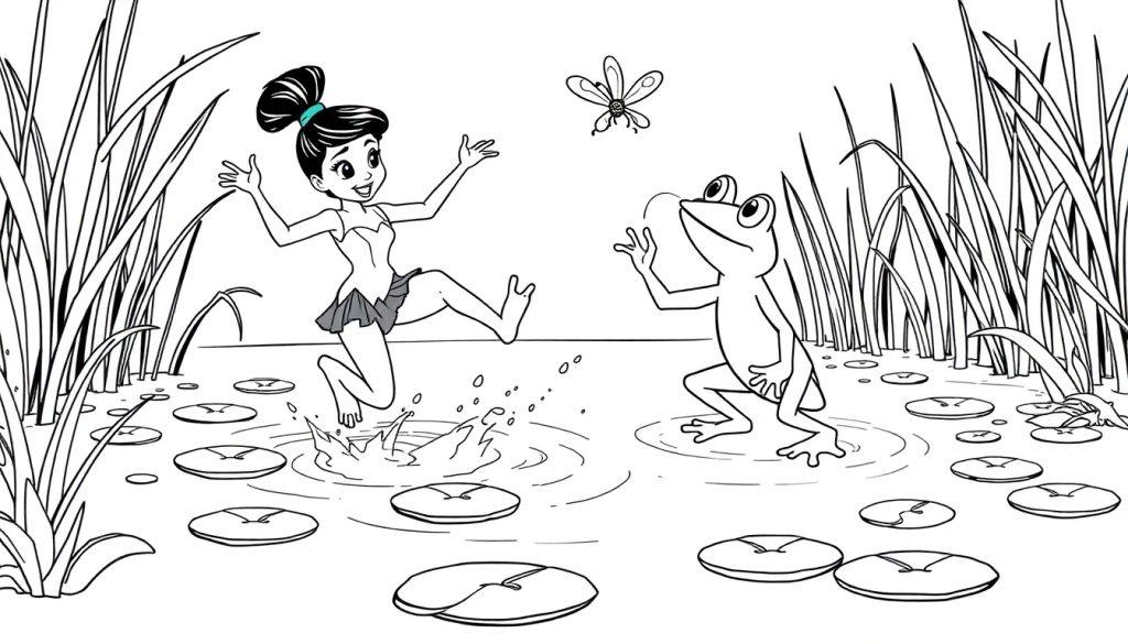 Eine Schwarz-Weiß-Farbtafel-Vorlage: Ein Cartoon-Feenmädchen hüpft fröhlich im Wasser, ein Cartoon-Frosch beobachtet sie mit ausgestreckten Armen, und eine kleine Libelle fliegt darüber.