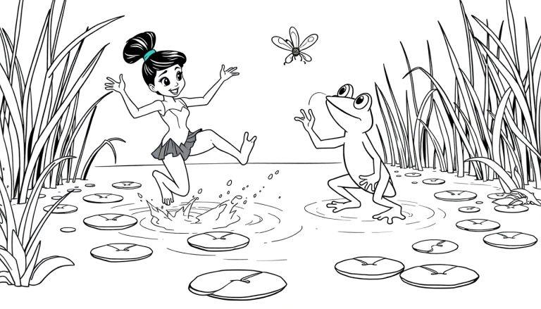 Eine Schwarz-Weiß-Farbtafel-Vorlage: Ein Cartoon-Feenmädchen hüpft fröhlich im Wasser, ein Cartoon-Frosch beobachtet sie mit ausgestreckten Armen, und eine kleine Libelle fliegt darüber.