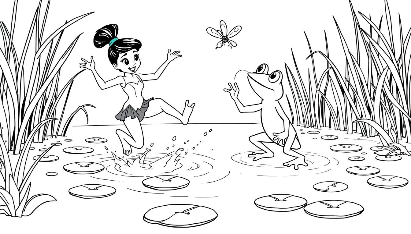 Eine Schwarz-Weiß-Farbtafel-Vorlage: Ein Cartoon-Feenmädchen hüpft fröhlich im Wasser, ein Cartoon-Frosch beobachtet sie mit ausgestreckten Armen, und eine kleine Libelle fliegt darüber.