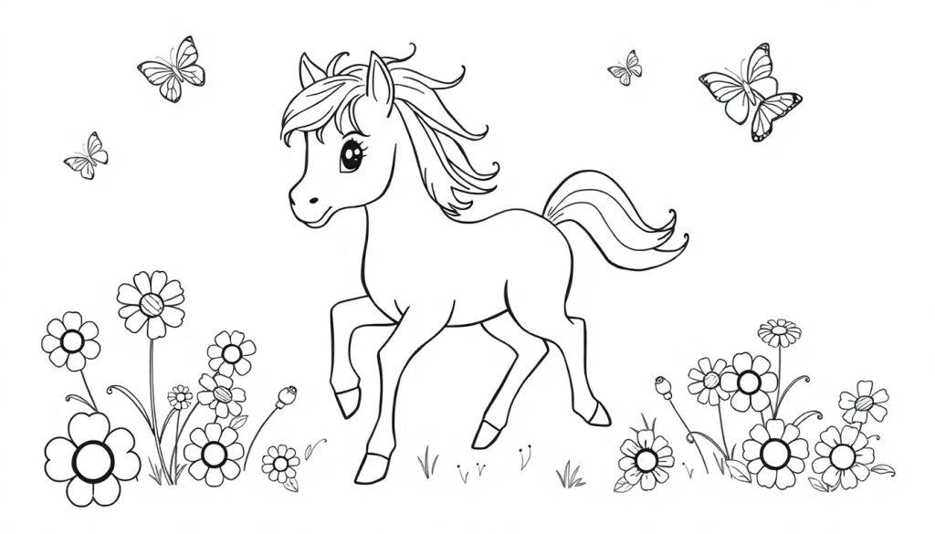 Schwarz-weiße Farbtafel eines niedlichen Ponys mit wallender Mähne, umgeben von Blumen und Schmetterlingen zum Ausmalen.