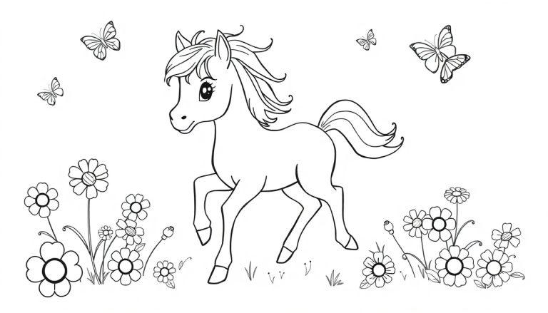 Schwarz-weiße Farbtafel eines niedlichen Ponys mit wallender Mähne, umgeben von Blumen und Schmetterlingen zum Ausmalen.