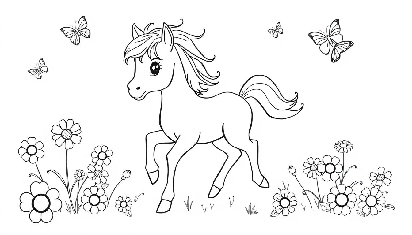 Schwarz-weiße Farbtafel eines niedlichen Ponys mit wallender Mähne, umgeben von Blumen und Schmetterlingen zum Ausmalen.