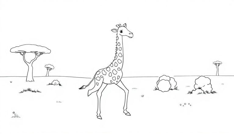 Schwarz-weiße Farbtafel einer lächelnden Giraffe in der afrikanischen Savanne mit Akazienbäumen im Hintergrund.