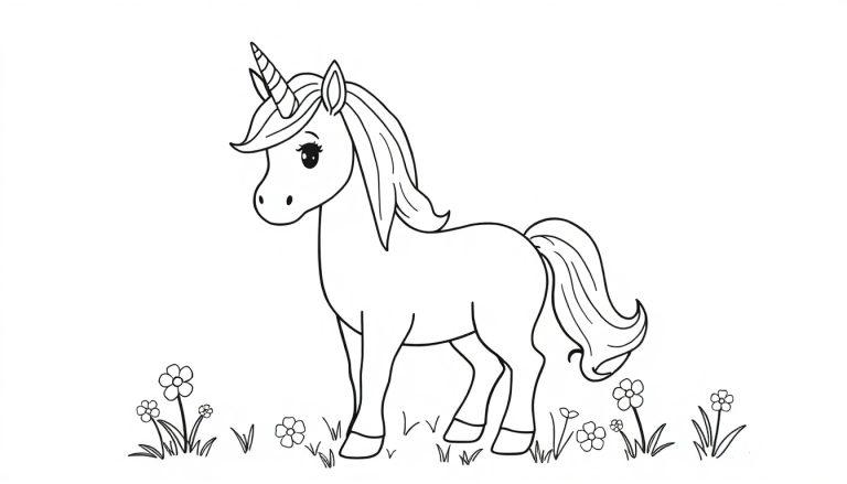 Farbtafel: Ein niedliches Cartoon-Einhorn mit einem spiralförmigen Horn und einer vollen Mähne steht in einem Feld mit kleinen Blumen. Schwarz-weiß-Illustration.