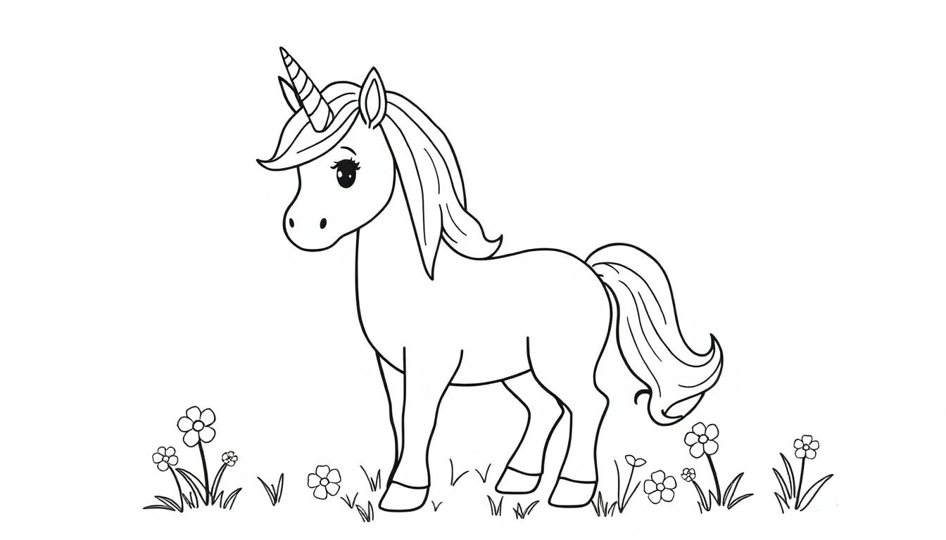 Farbtafel: Ein niedliches Cartoon-Einhorn mit einem spiralförmigen Horn und einer vollen Mähne steht in einem Feld mit kleinen Blumen. Schwarz-weiß-Illustration.