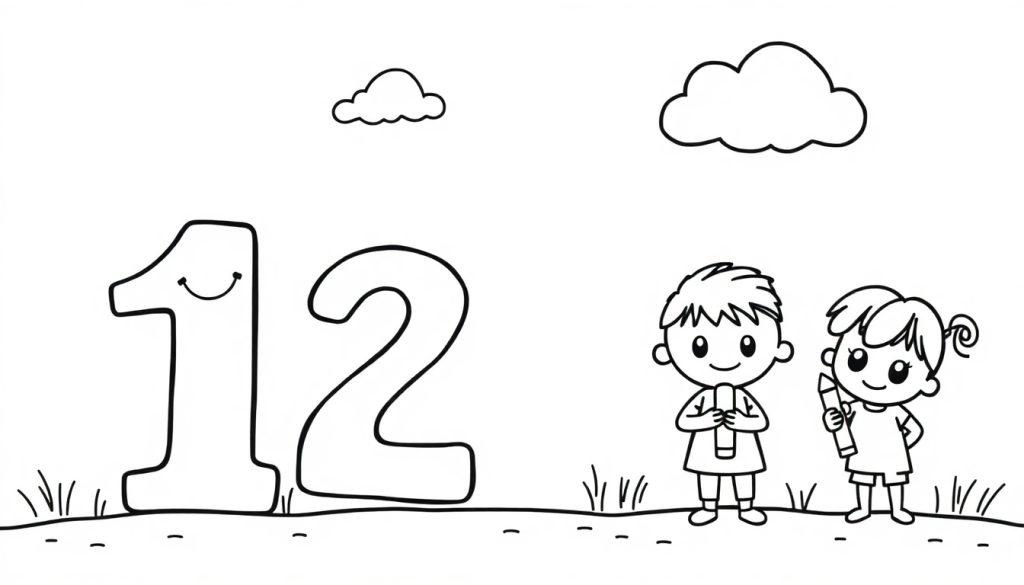 Farbtafel mit der Zahl 12 und zwei Kindern, die zum Ausmalen bereit sind.