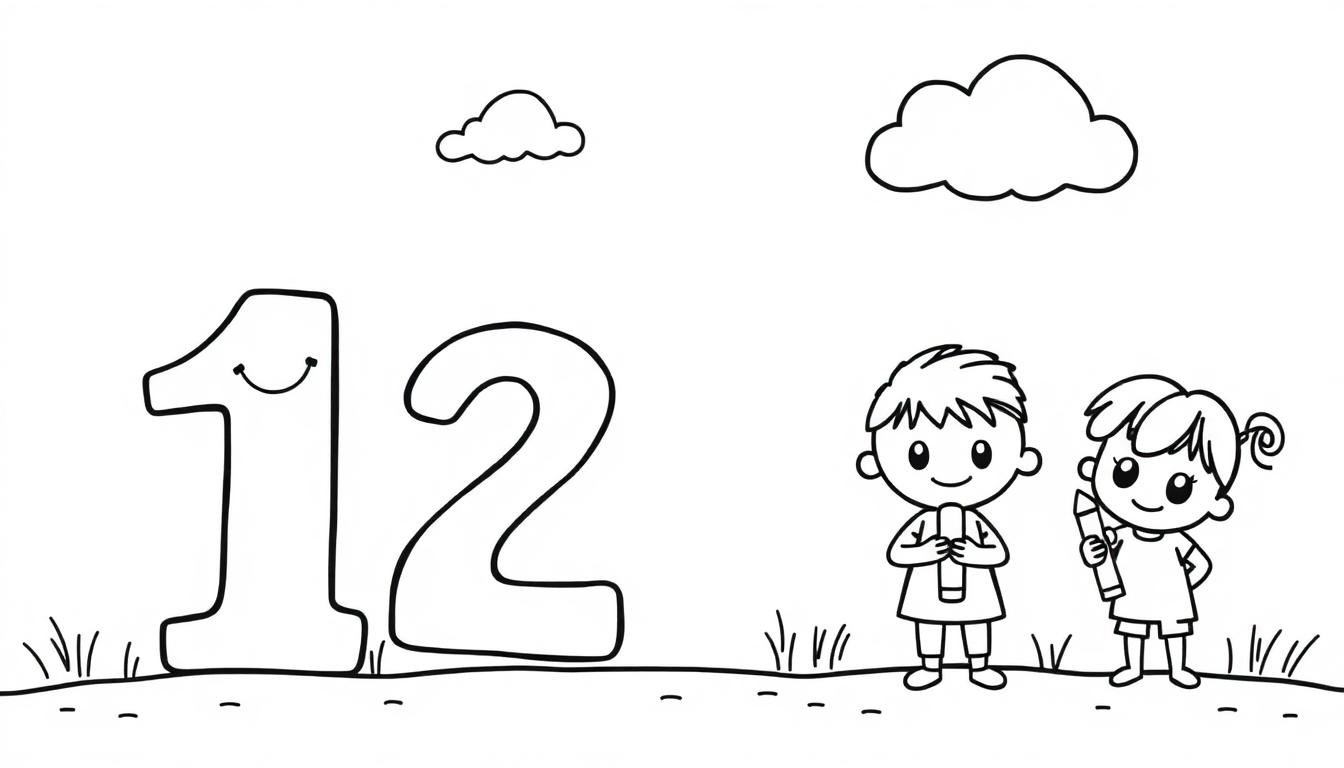 Farbtafel mit der Zahl 12 und zwei Kindern, die zum Ausmalen bereit sind.