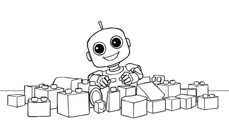 Ein Cartoon-Roboter spielt mit bunte Bauklötze, bereit zum Ausmalen als Farbtafel.