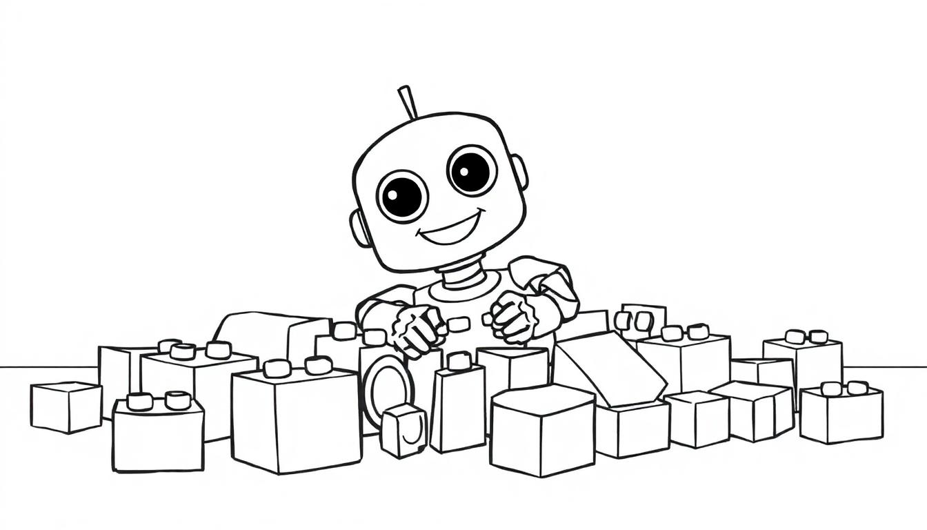 Ein Cartoon-Roboter spielt mit bunte Bauklötze, bereit zum Ausmalen als Farbtafel.