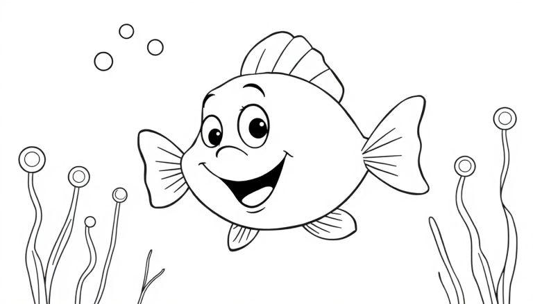 Schwarz-weiße Farbtafel eines lächelnden Fisches mit großen Augen und detaillierten Flossen in einer stilisierten Unterwasserlandschaft mit Pflanzen und Luftblasen.