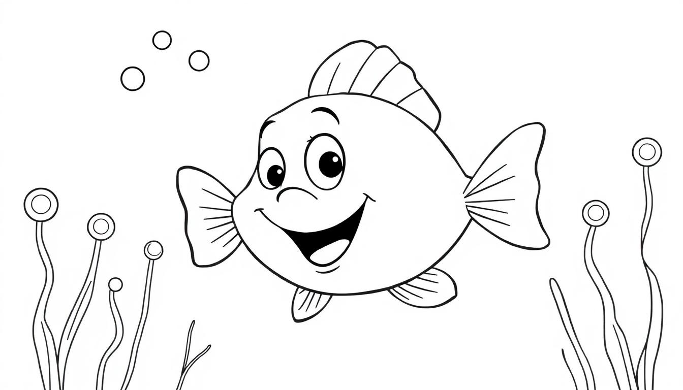 Schwarz-weiße Farbtafel eines lächelnden Fisches mit großen Augen und detaillierten Flossen in einer stilisierten Unterwasserlandschaft mit Pflanzen und Luftblasen.