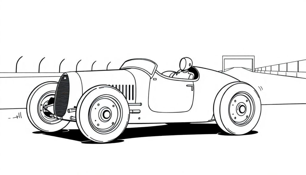 Eine Schwarz-Weiß-Farbtafel eines historischen Bugatti Rennwagens mit einem Fahrer im Cockpit auf einer Rennstrecke.