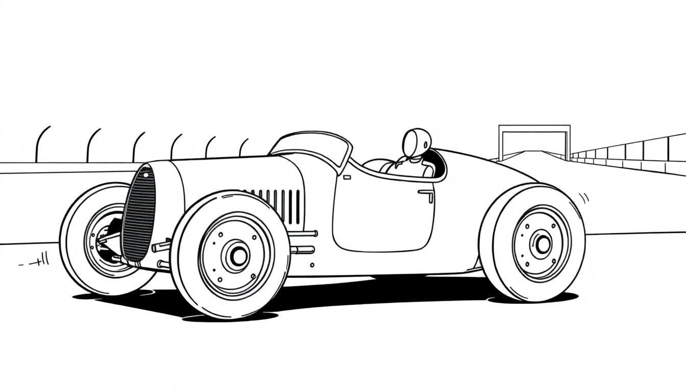 Eine Schwarz-Weiß-Farbtafel eines historischen Bugatti Rennwagens mit einem Fahrer im Cockpit auf einer Rennstrecke.