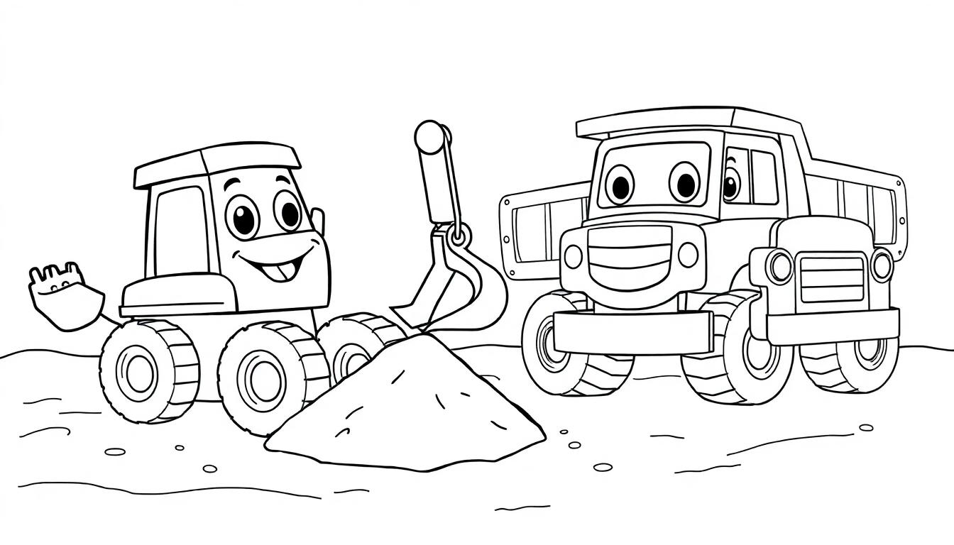 Schwarz-weiß Farbtafel: Ein lustiger Bagger und ein freundlicher Lastwagen auf einer Baustelle.