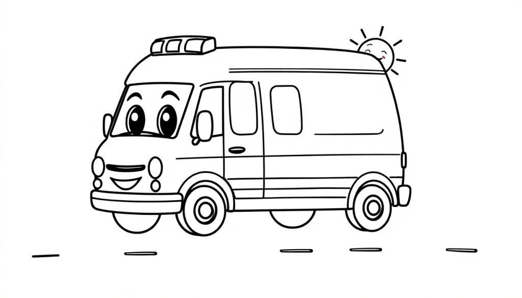 Eine schwarz-weiße Farbtafel eines freundlichen Cartoon-Krankenwagens mit großen Augen und einem Lächeln, der eine Straße entlangfährt.